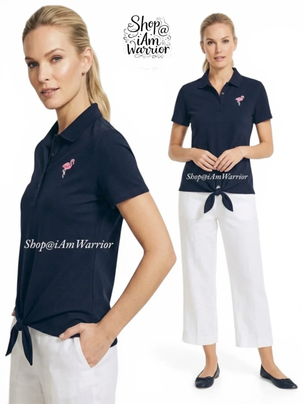 Talbots navy tie waist polo shirt with embroidered flamingo *shop@iamwarrior